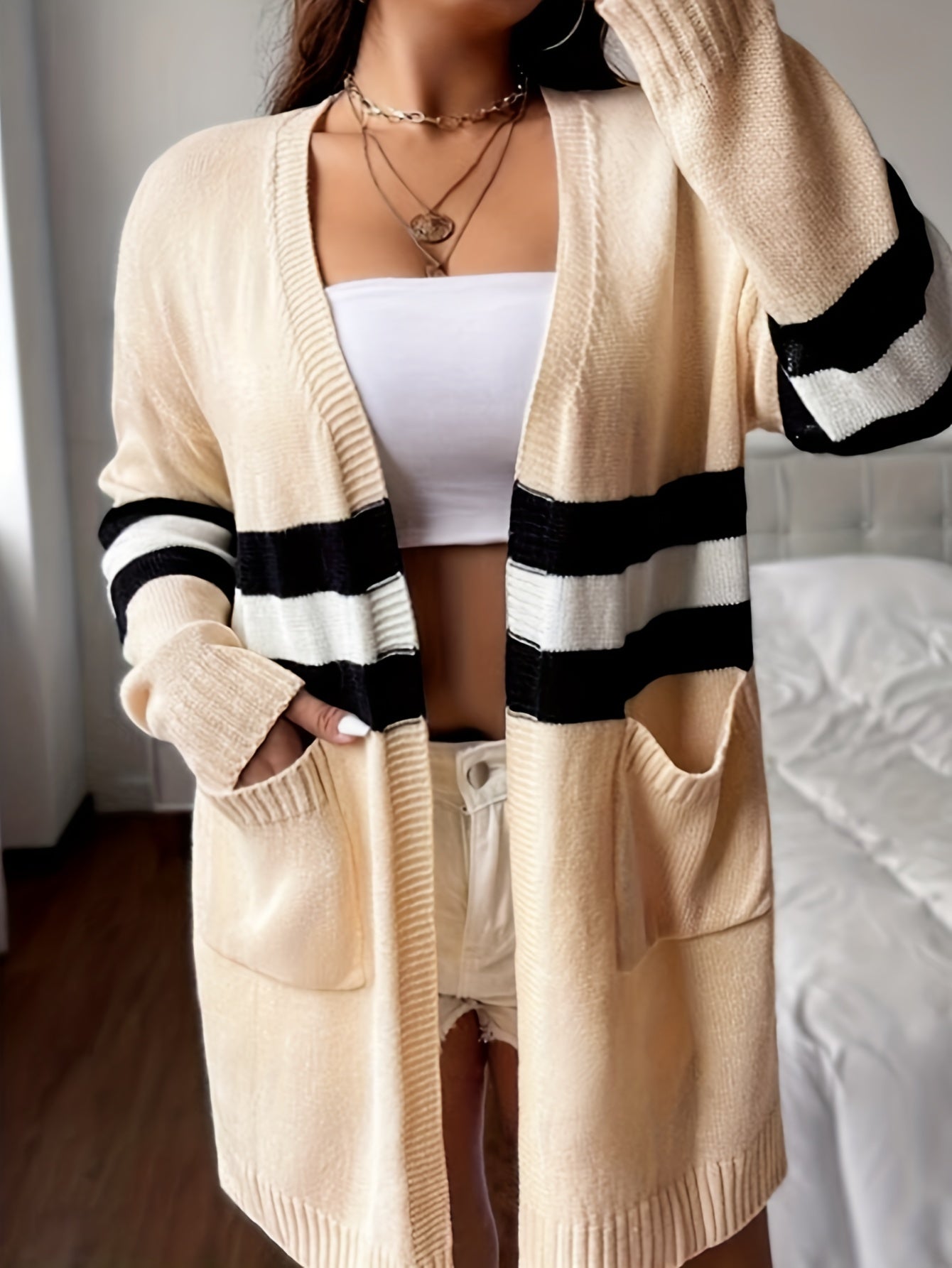  Stripe Print Long Sleeve Open Front Cardigan With Pockets
