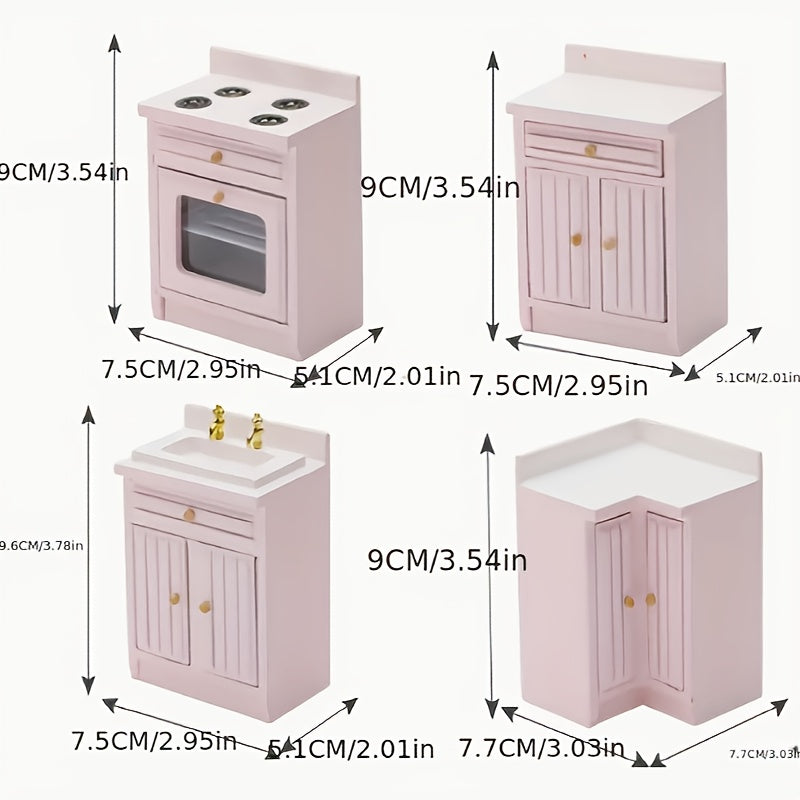 1:12 Scale Kitchen Set 4pcs Wooden Cabinets Sink Countertop Oven & Stove