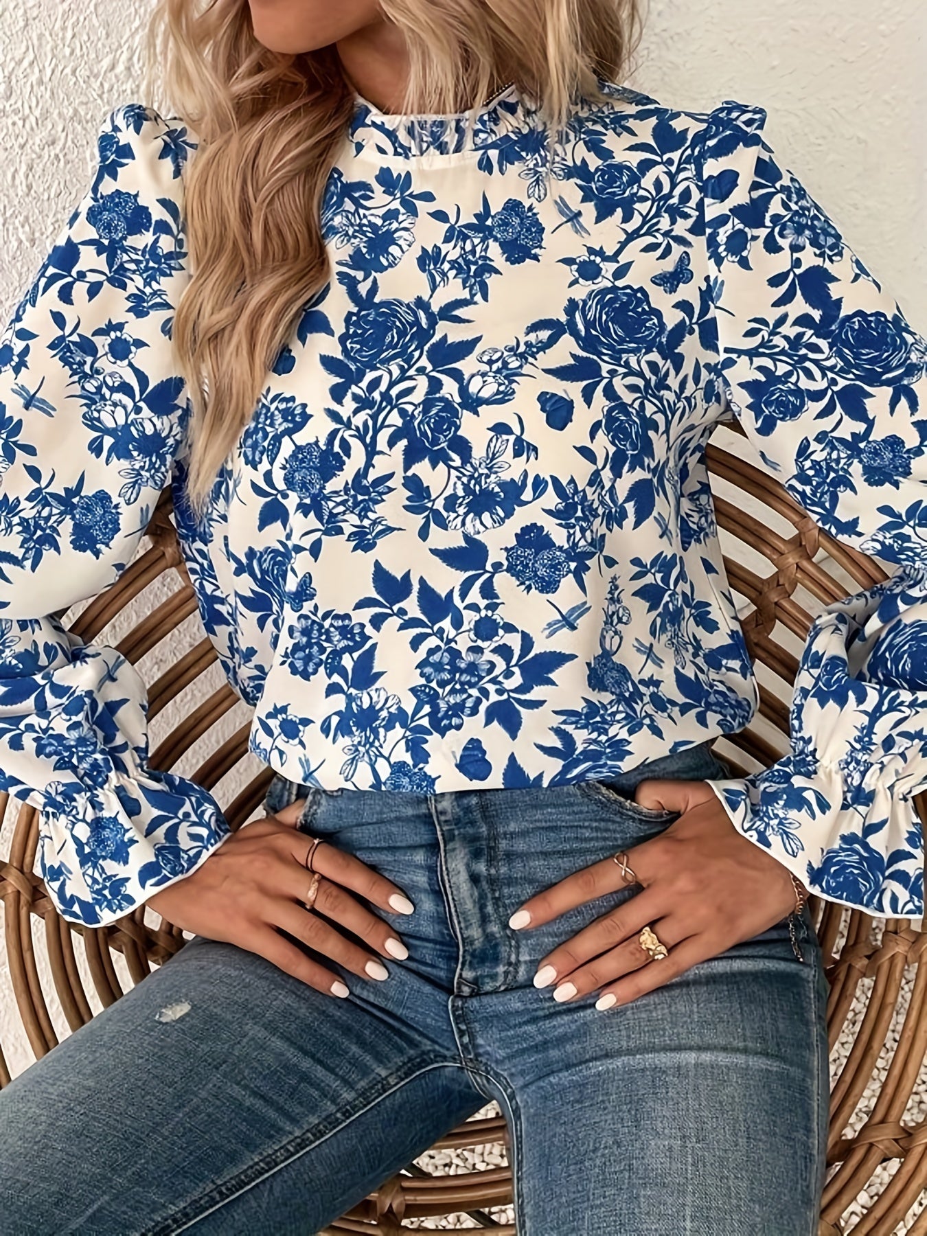  Floral Print Ruffle Sleeve Mock Neck Blouse