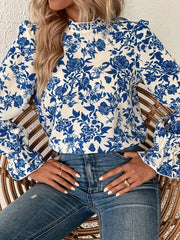  Floral Print Ruffle Sleeve Mock Neck Blouse
