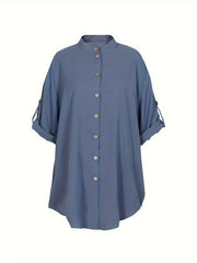  Solid Long Sleeve Button Up Blouse