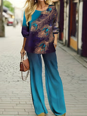 Women's Plus Peacock Print Long Sleeve Top & Pants Set
