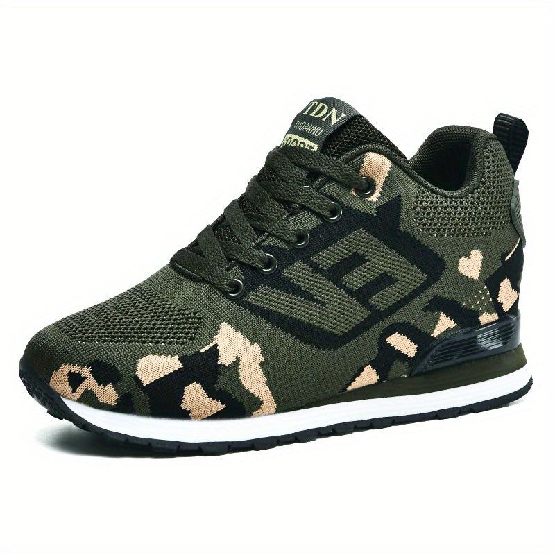 Women's Camo Sports Shoes Knitted Lace Up Height Increasing Walking Sneakers