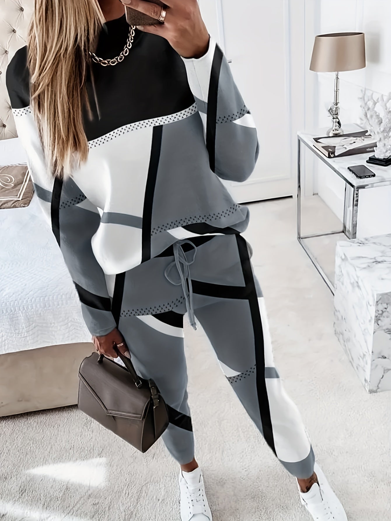 Casual 2pc Set Crew Neck Long Sleeve Tops & Drawstring Long Pants