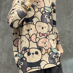 Bear Print Long Sleeve Round Neck Sweater
