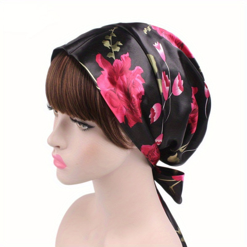 Flower Print Silk Bonnet Lace Up Head Scarf Night Cap Chemo Hat