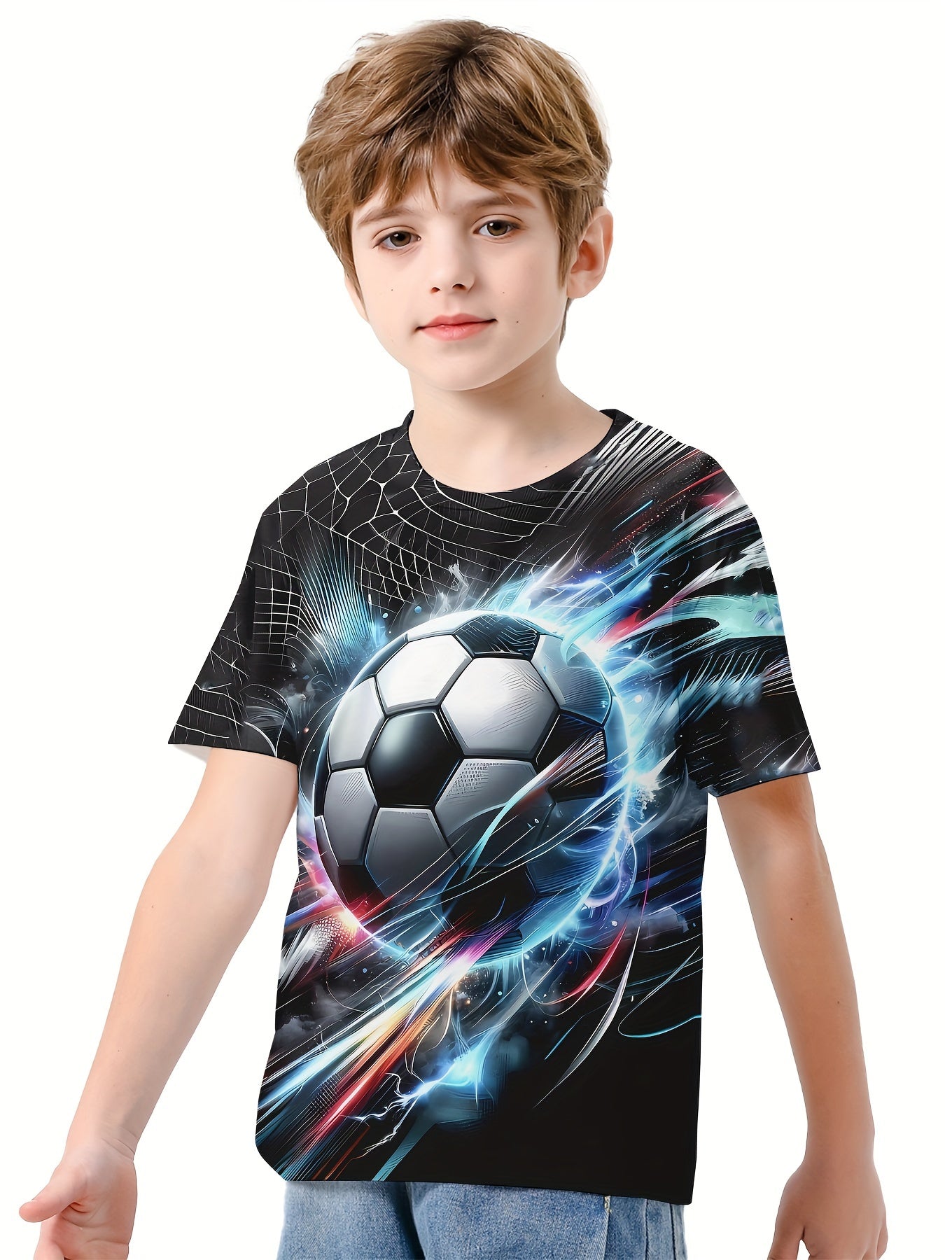 Football 3D Print Boy's Tee Short Sleeve Crew Neck Comfy T-shirt