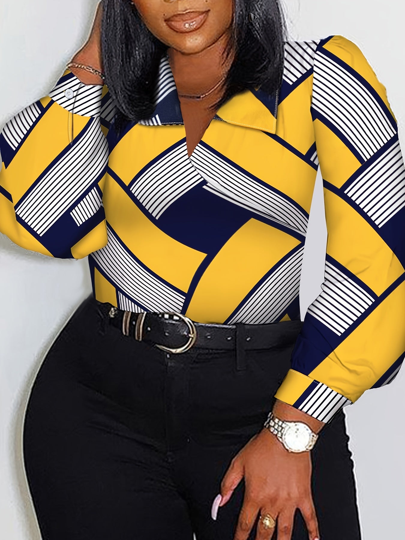  Casual Blouse Women's Plus Colorblock Geometric Print Long Sleeve