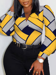  Casual Blouse Women's Plus Colorblock Geometric Print Long Sleeve