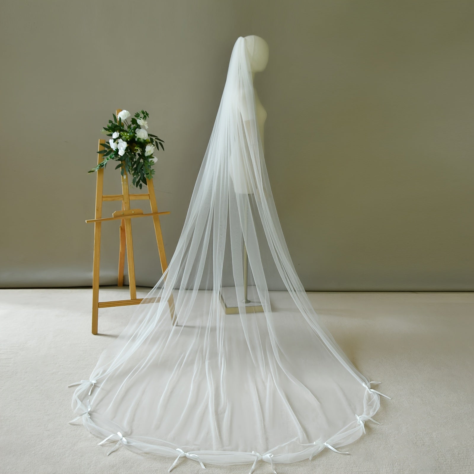 Cathedral Train Bridal Veil with Bow Long Train Wedding Headpiece