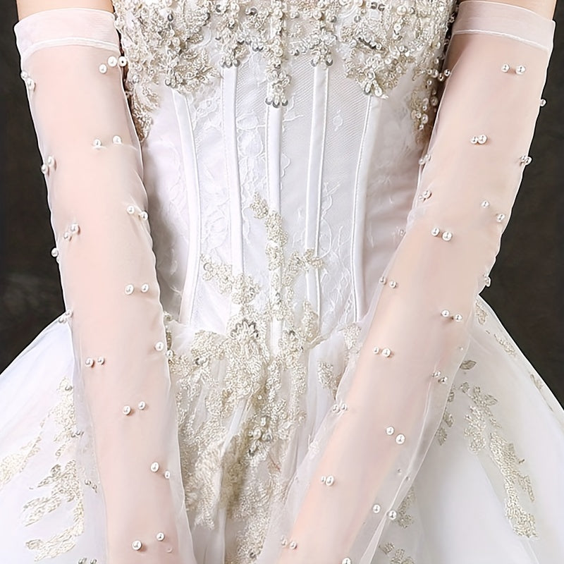 Mesh Long Gloves Faux Pearl Bridal Wedding Dress Gloves