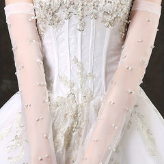 Mesh Long Gloves Faux Pearl Bridal Wedding Dress Gloves
