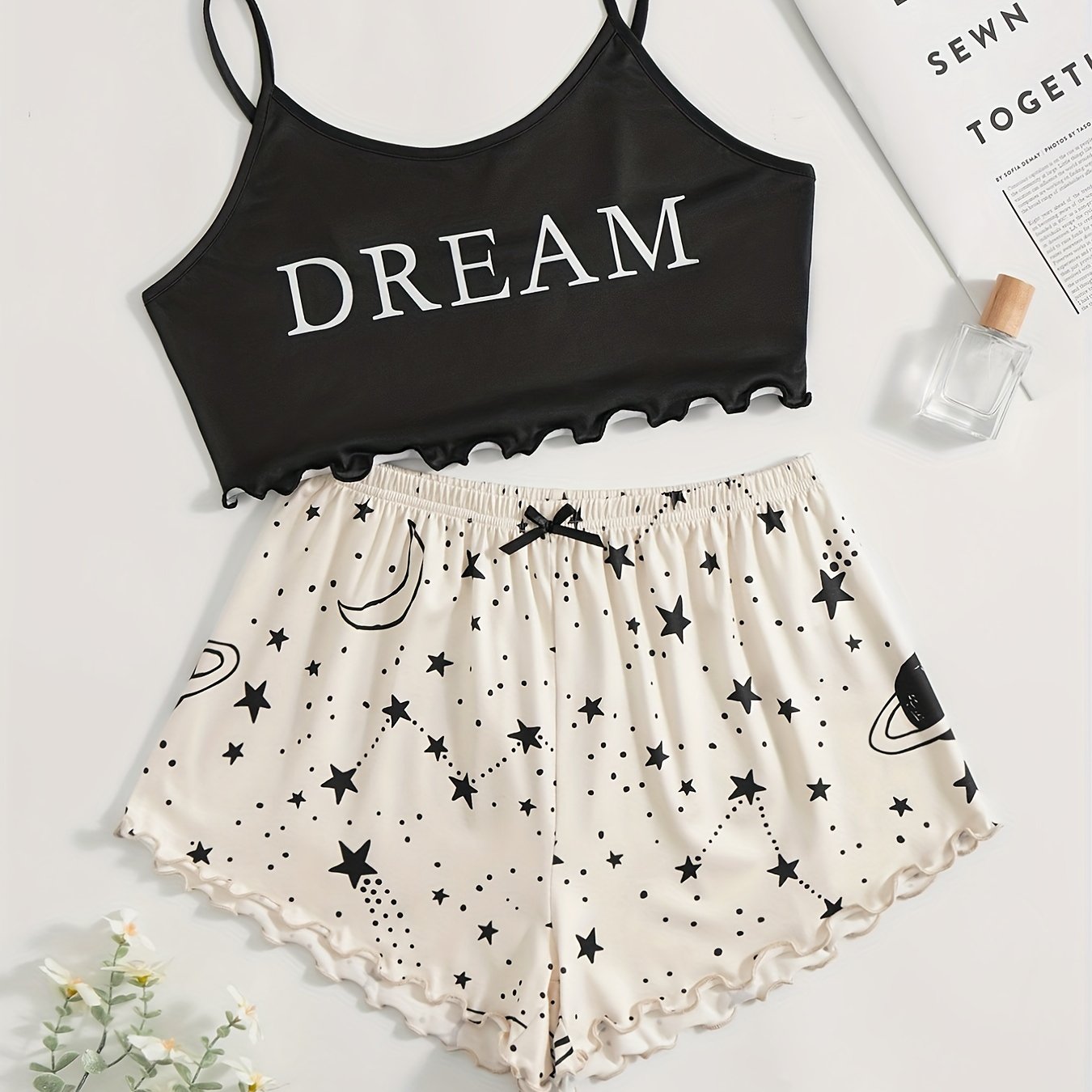 Letter Print Pajama Set & Starry Print Shorts Sleepwear