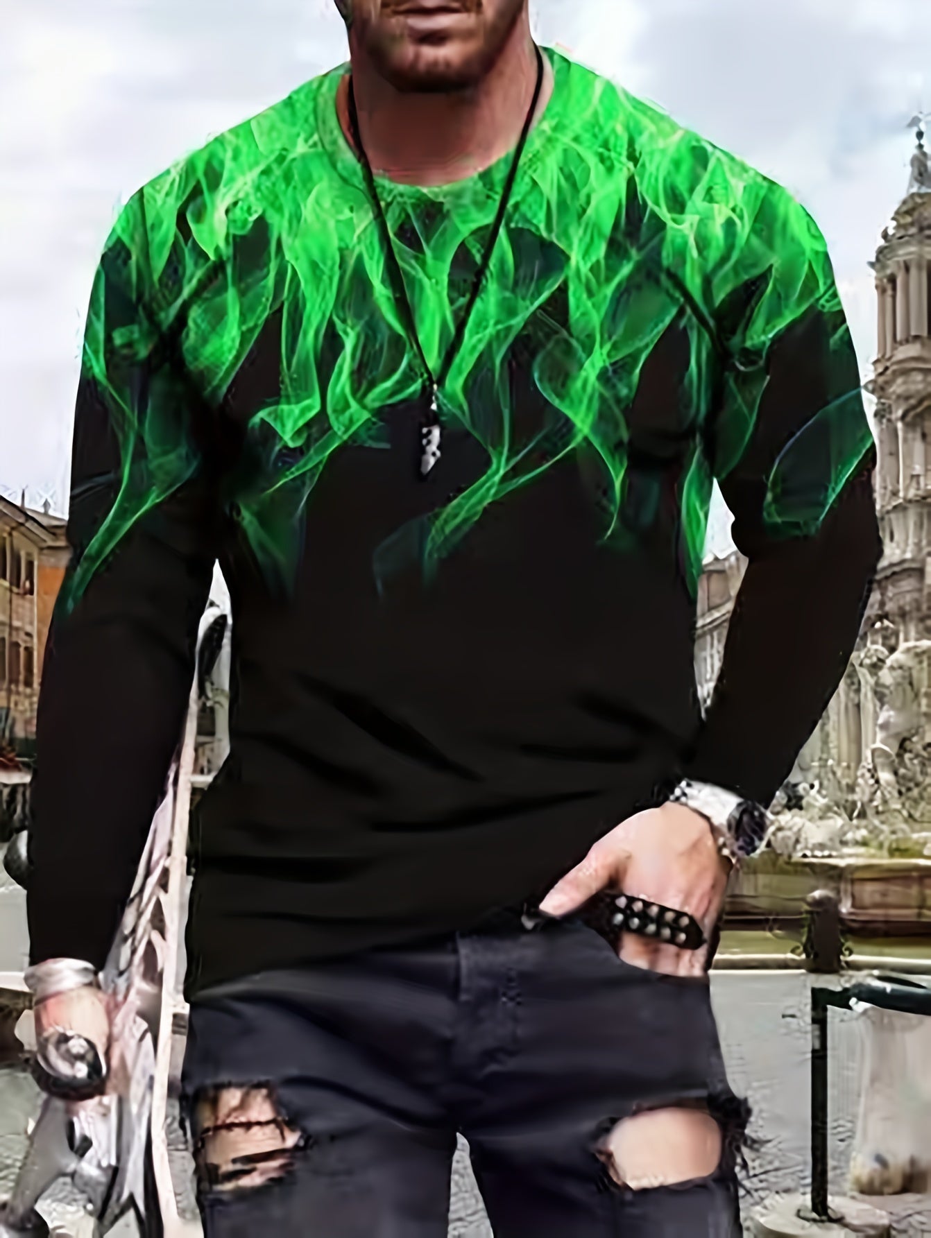 3D Fire Print Men's Graphic Long Sleeves T shirt