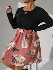  Colorblock Floral Print Long Sleeve Round Neck Cut Out Dress