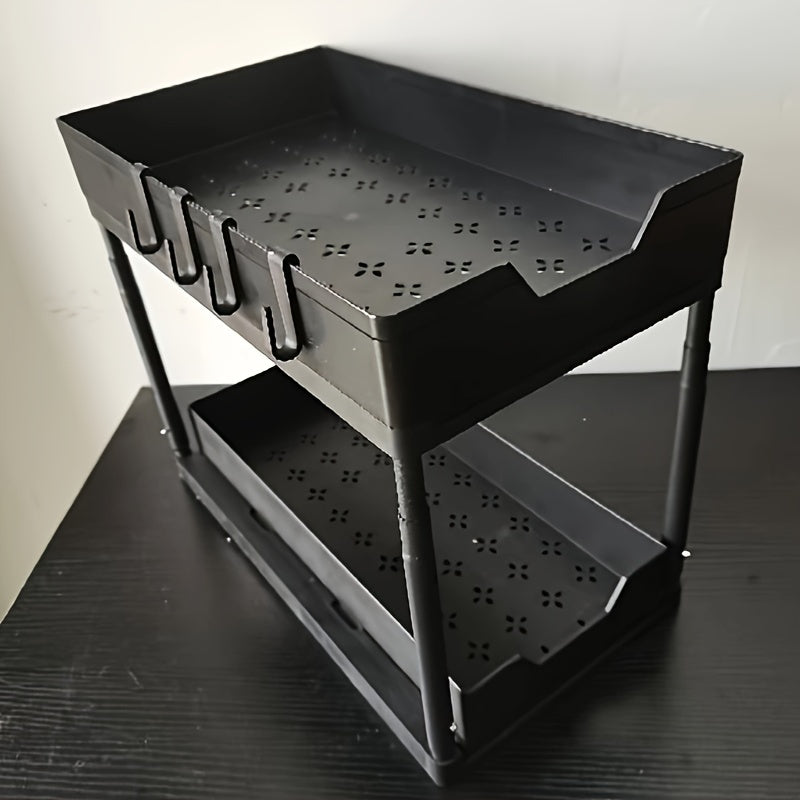 2 Tier Sliding Drawer Bathroom Under Sink Organizer with Hooks