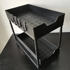 2 Tier Sliding Drawer Bathroom Under Sink Organizer with Hooks