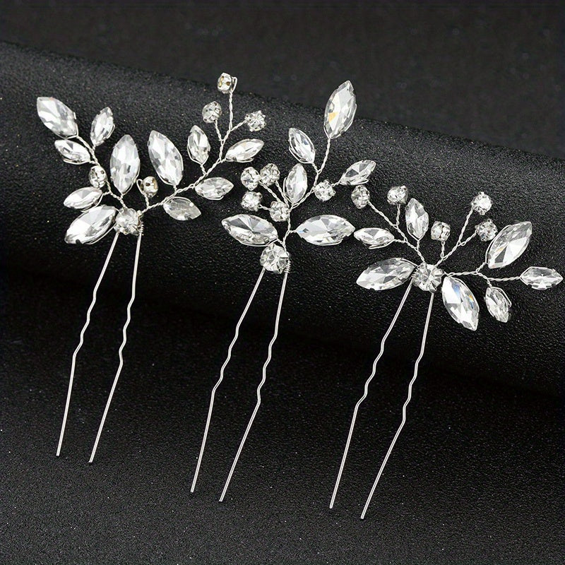 3pcs Crystal Rhinestone Hair Pins Bridal U Shaped Clips Wedding Accessories