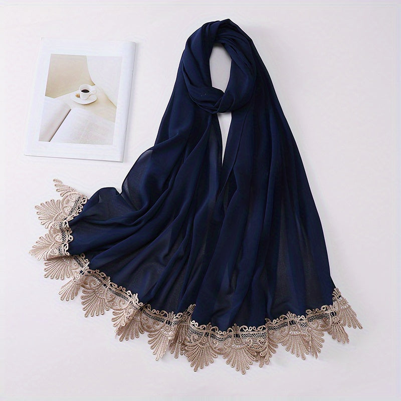 Chiffon Lace Embroidery Scarf Solid Hijab Silk Head Wrap Bandana