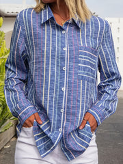  Stripe Print Button Up Long Sleeve Blouse