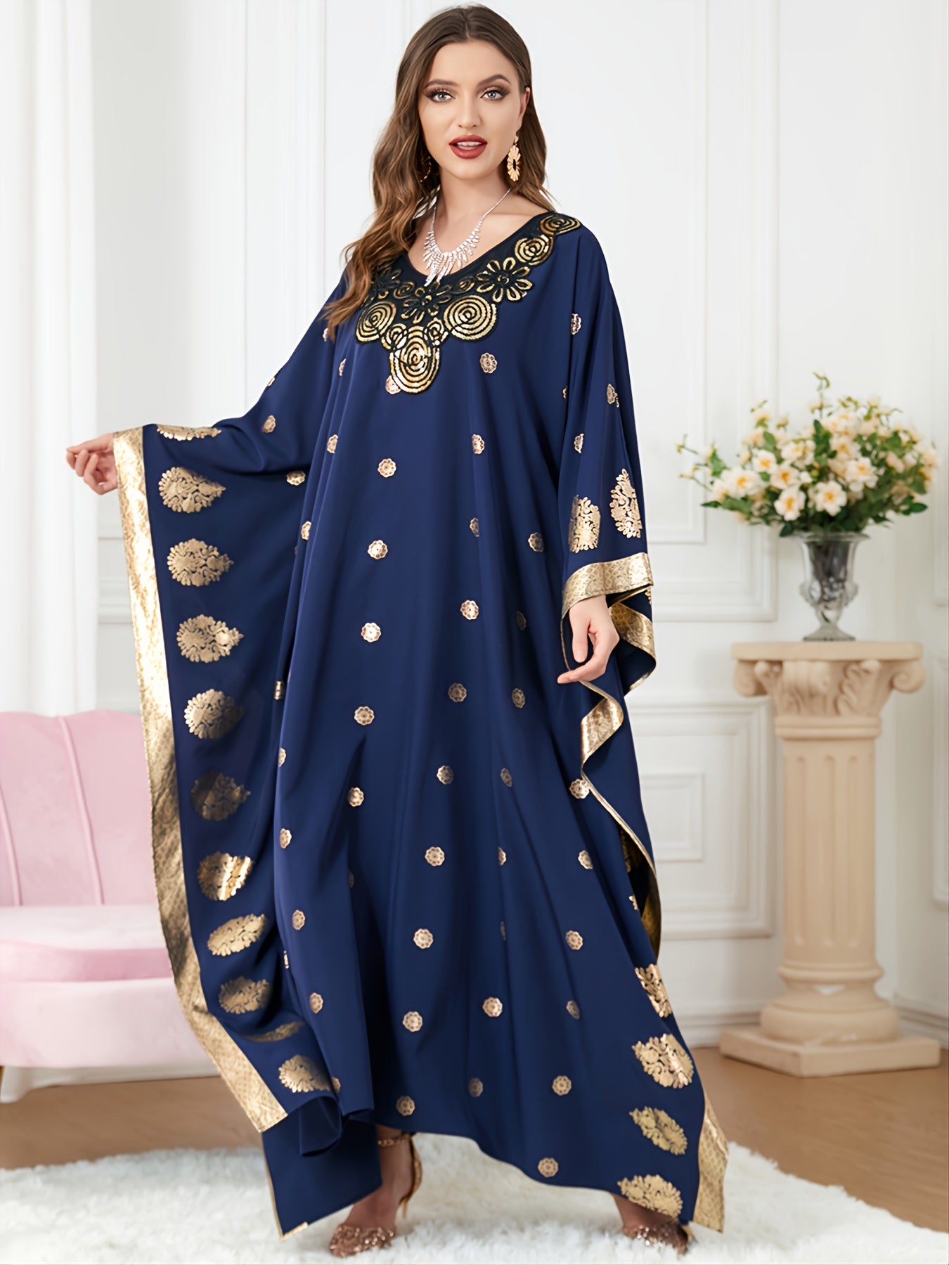  Batwing Sleeve Abaya Long Dress Women's Plus Loose Fit Round Neck Abay