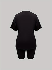 Casual Solid Tee & Slim Shorts Set Women's Clothing
