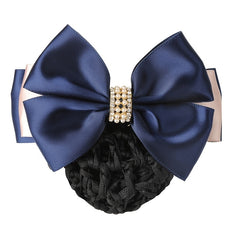 Women Hair Snood Net Rhinestone Bowknot Barrette Elastic Hair Bun Cover
