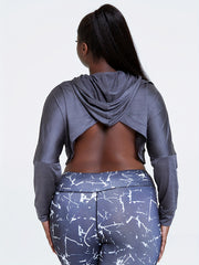  Solid Long Sleeve Stretch Hoodie Crop Top