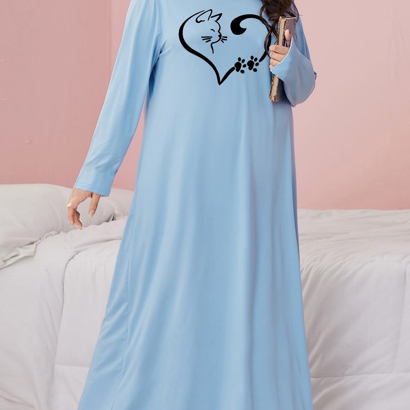  Nightdress Heart Cat Print Long Sleeve Round Neck Stretch Sleep Dress