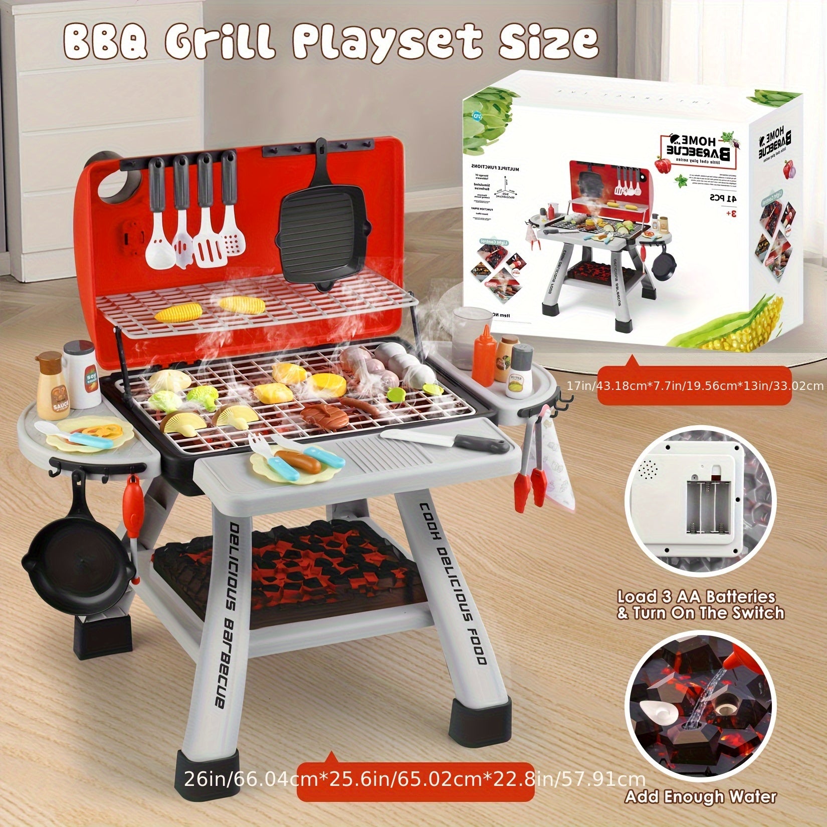 Kids BBQ Grill Playset, Realistic Sound & Light, Portable Role Play Toy