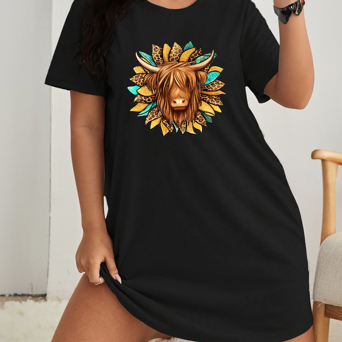  Leopard Sunflower & Cow Print Short Sleeve Casual Lounge Dress