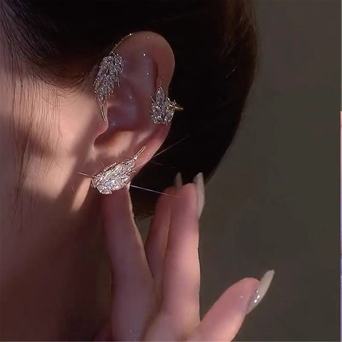 Leaf Feather Ear Hanging Light Flash Zirconium Ear Clip Earrings