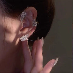 Leaf Feather Ear Hanging Light Flash Zirconium Ear Clip Earrings