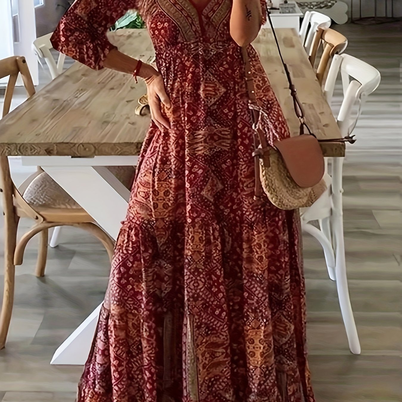  Ditsy Floral Print Long Sleeve V Neck Maxi Dress