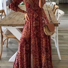  Ditsy Floral Print Long Sleeve V Neck Maxi Dress