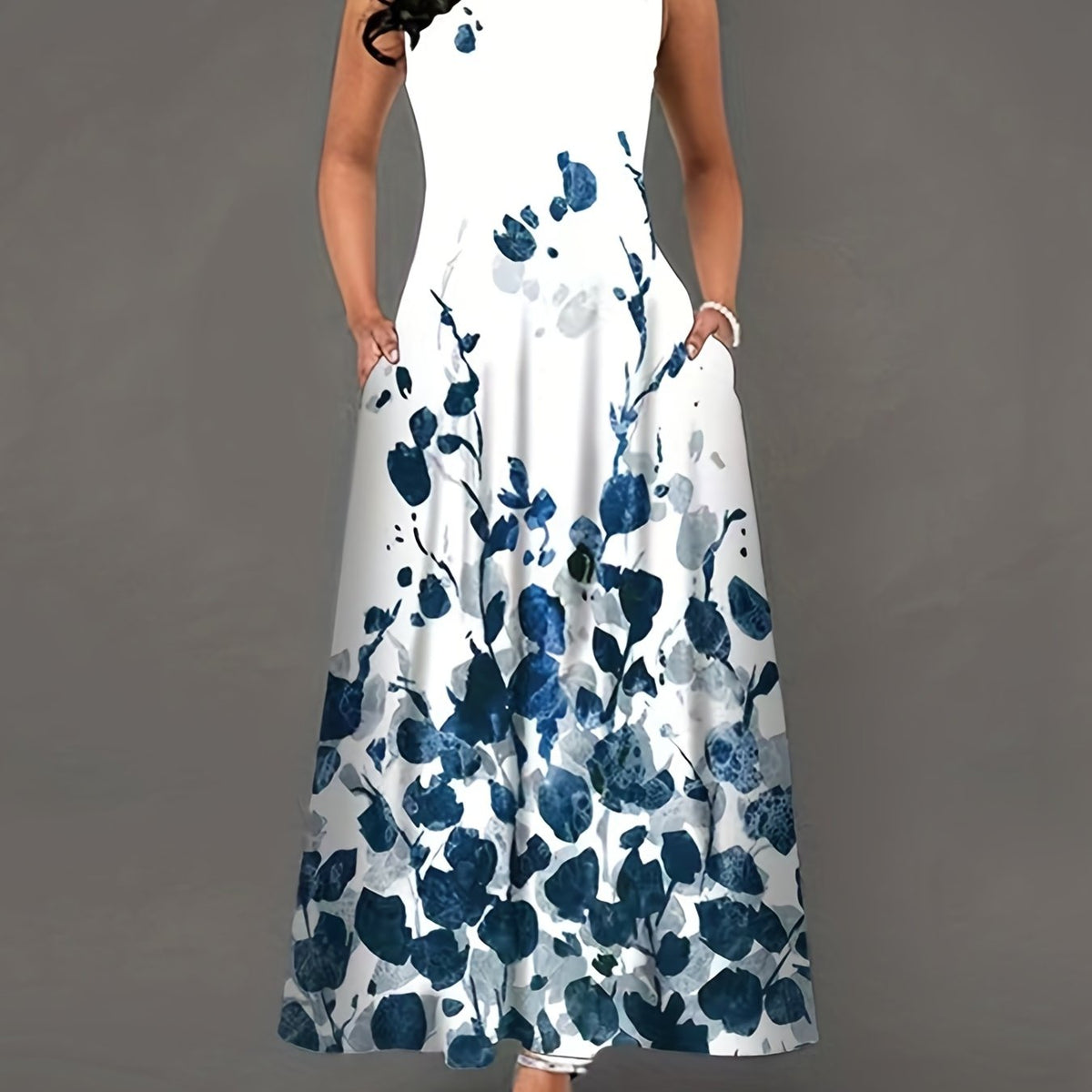 Floral Print Keyhole Maxi Dress Sleeveless Crew Neck Pocket Women's Clothing