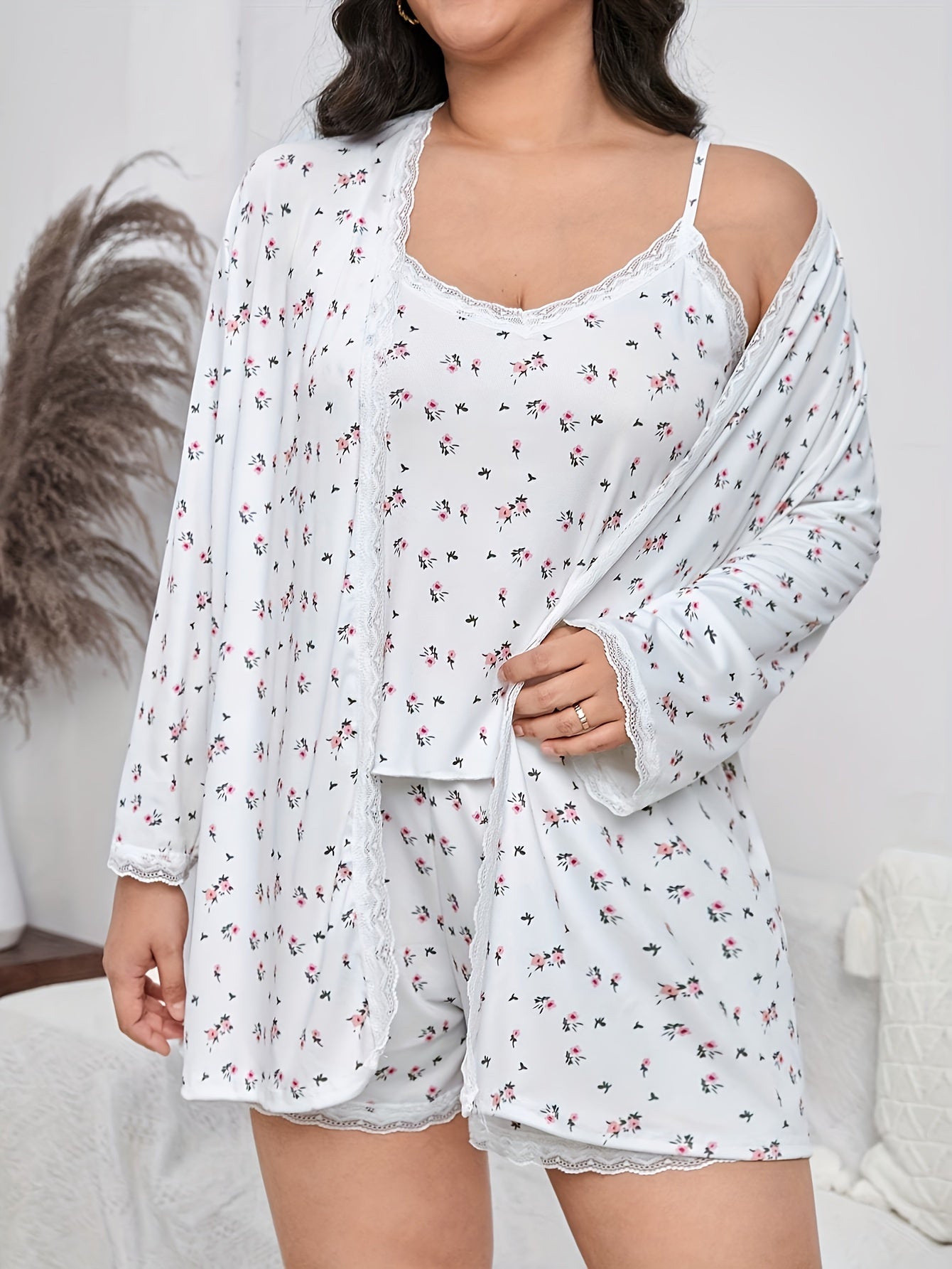  Floral Print Lace Trim Pajama Set with Robe