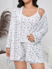 Floral Print Lace Trim Pajama Set with Robe
