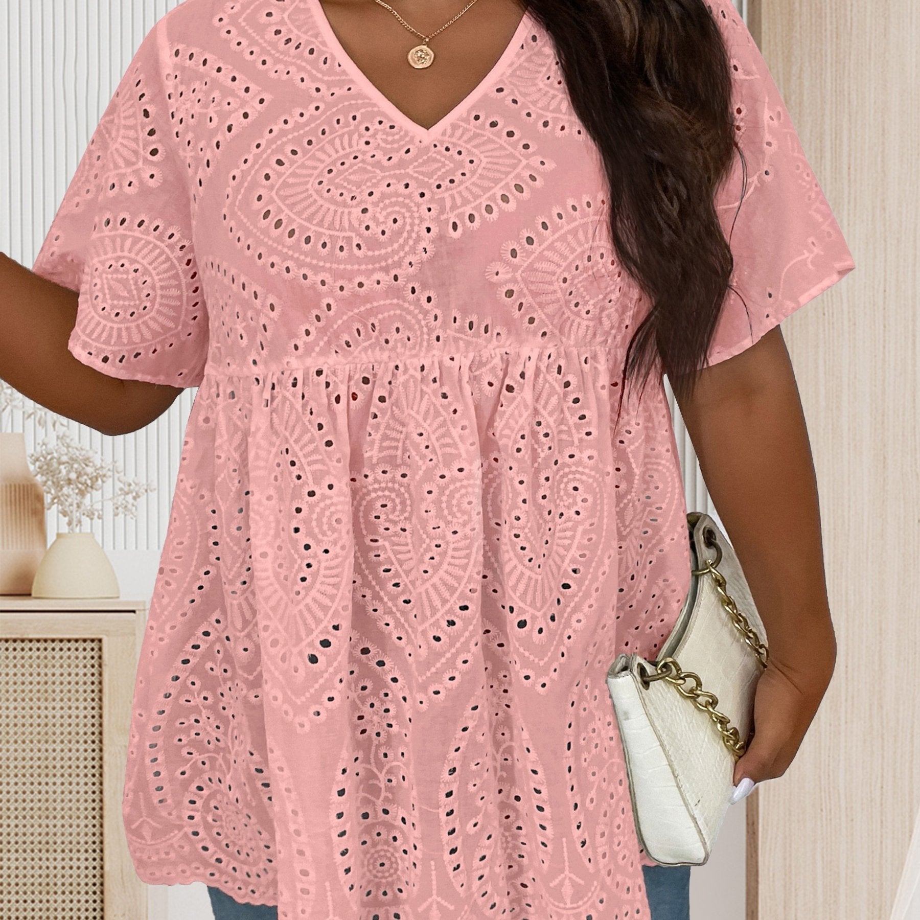 Eyelet Embroidered V Neck Top