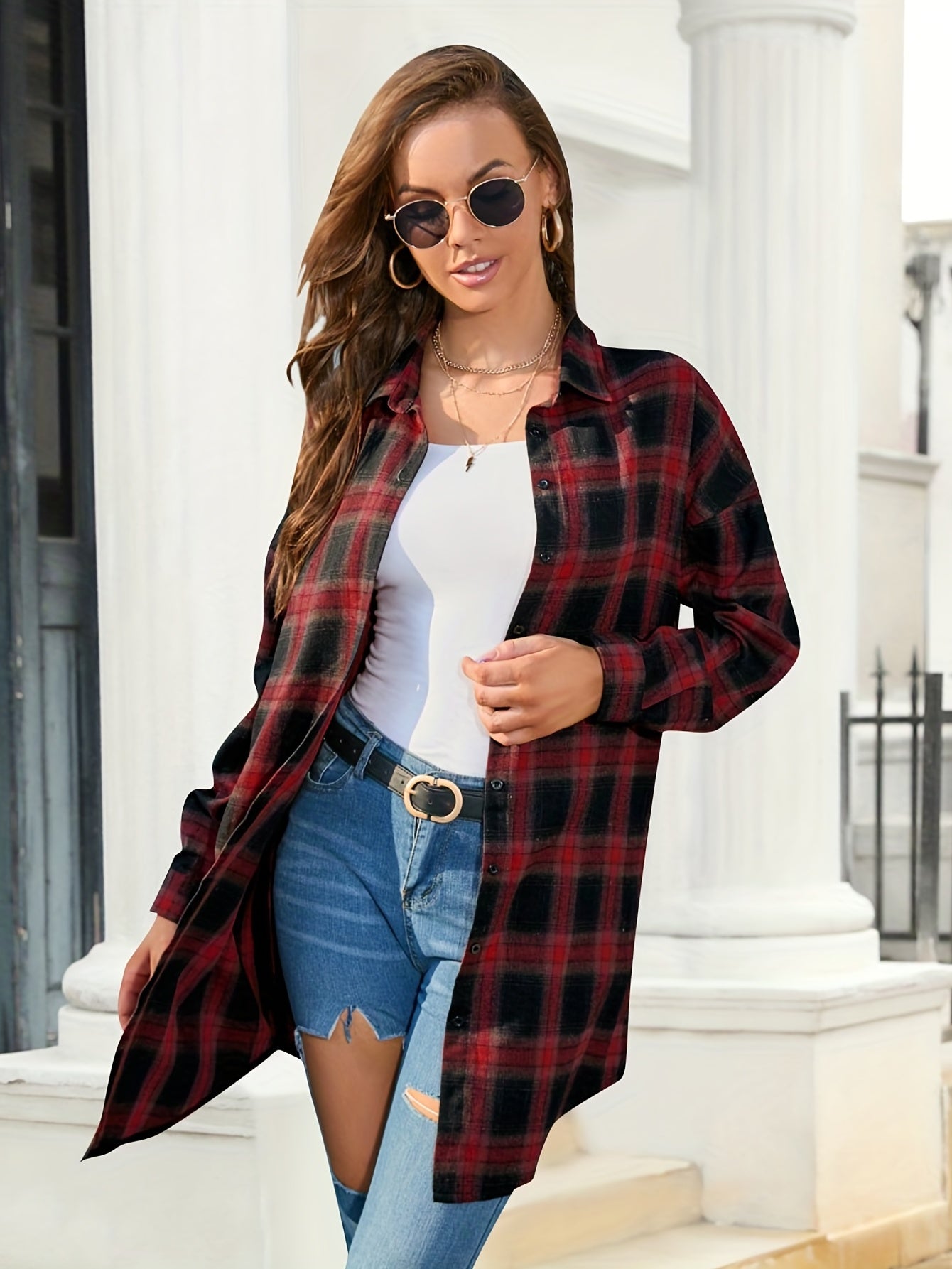  Plaid Print Long Sleeve Button Up Tunic Shirt Top
