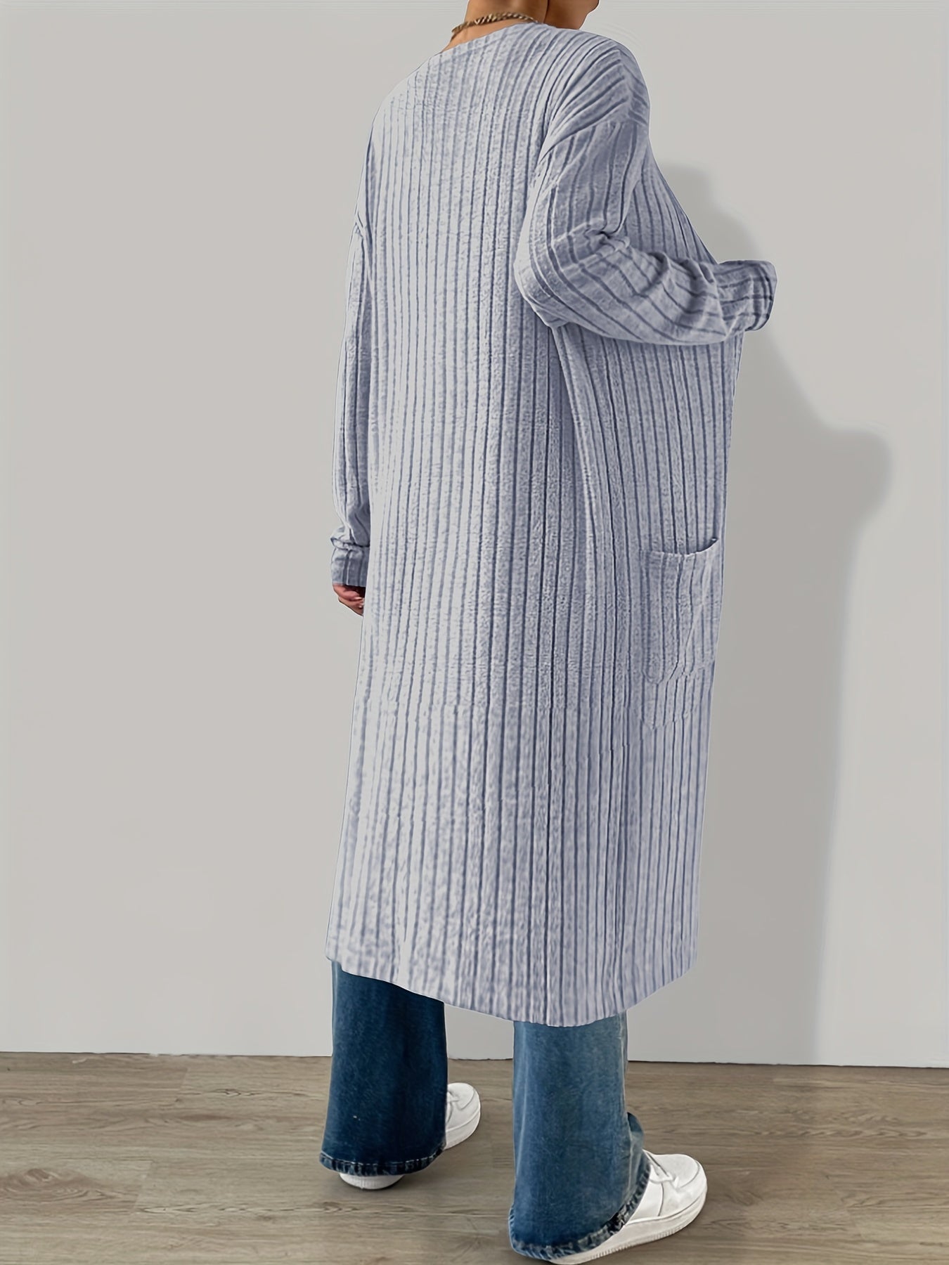  Solid Ribbed Long Sleeve Open Front Cardigan