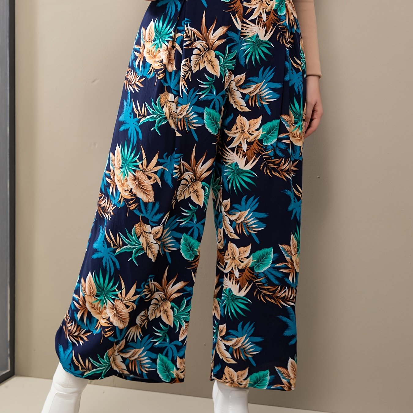 Floral Wide Leg Boot Cut Pants - Plus Size