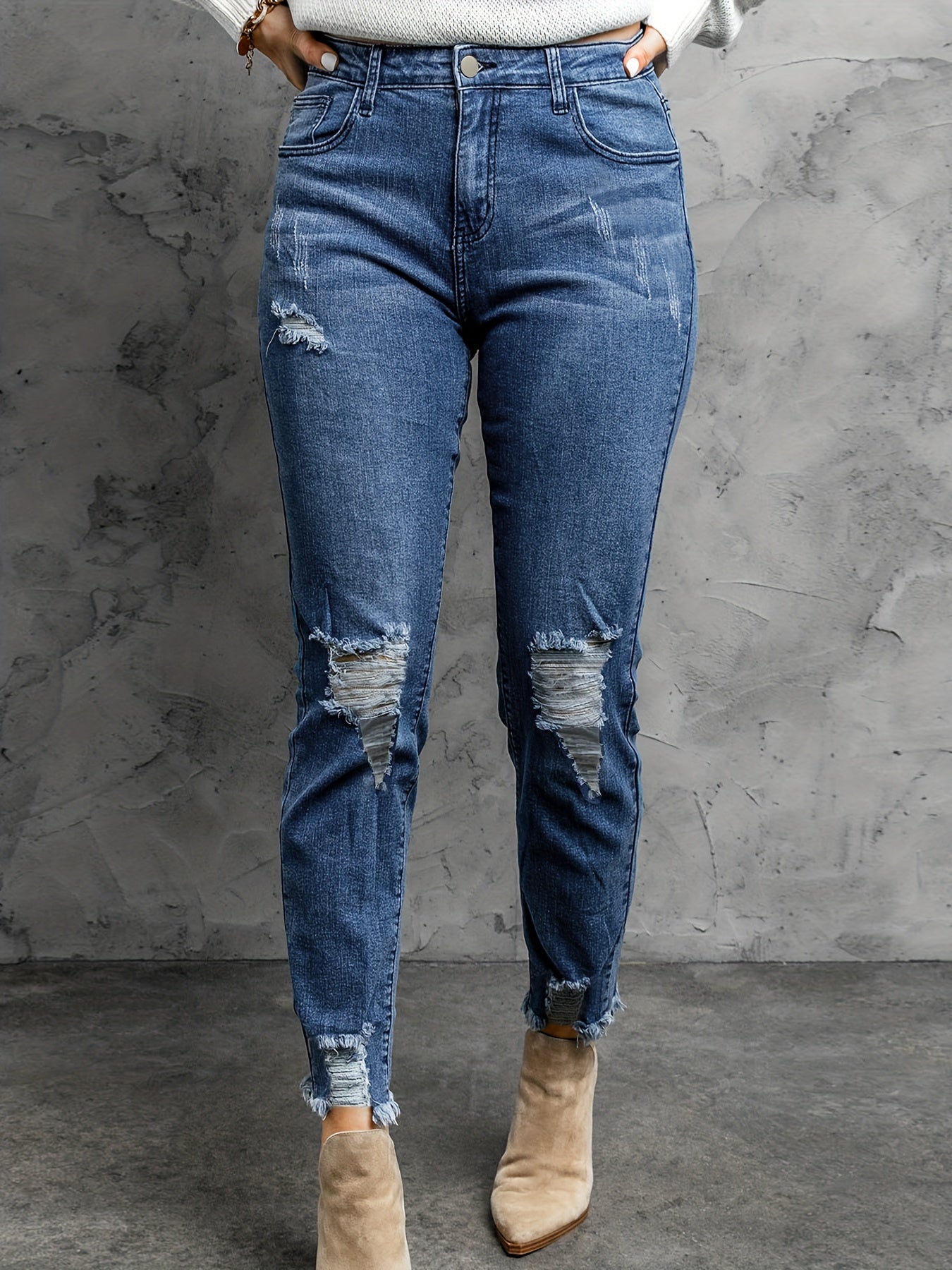  Casual Jeans Women's Solid Ripped Trim Slim Fit Jeans