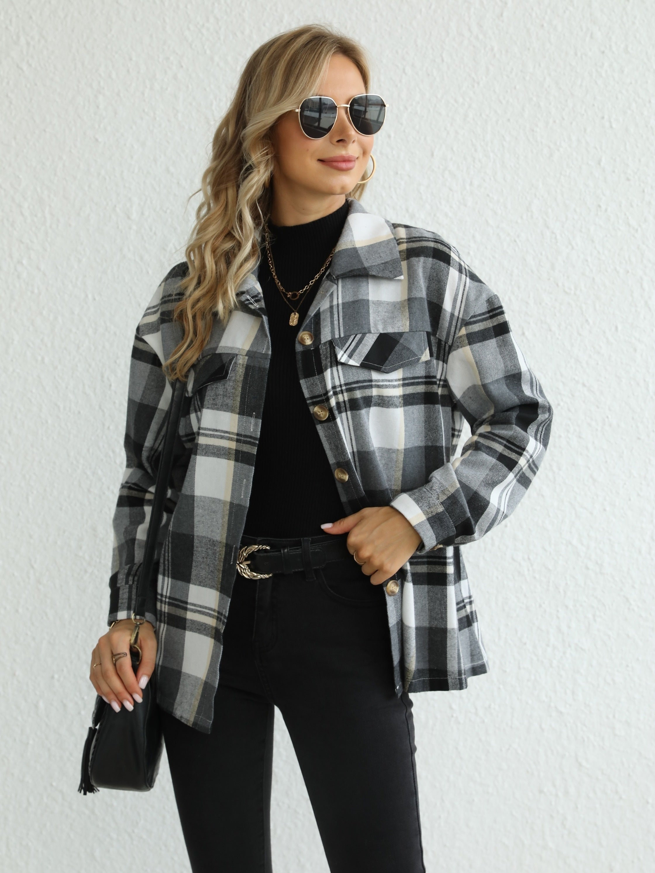  Plaid Print Long Sleeve Button Up Lapel Collar Shirt