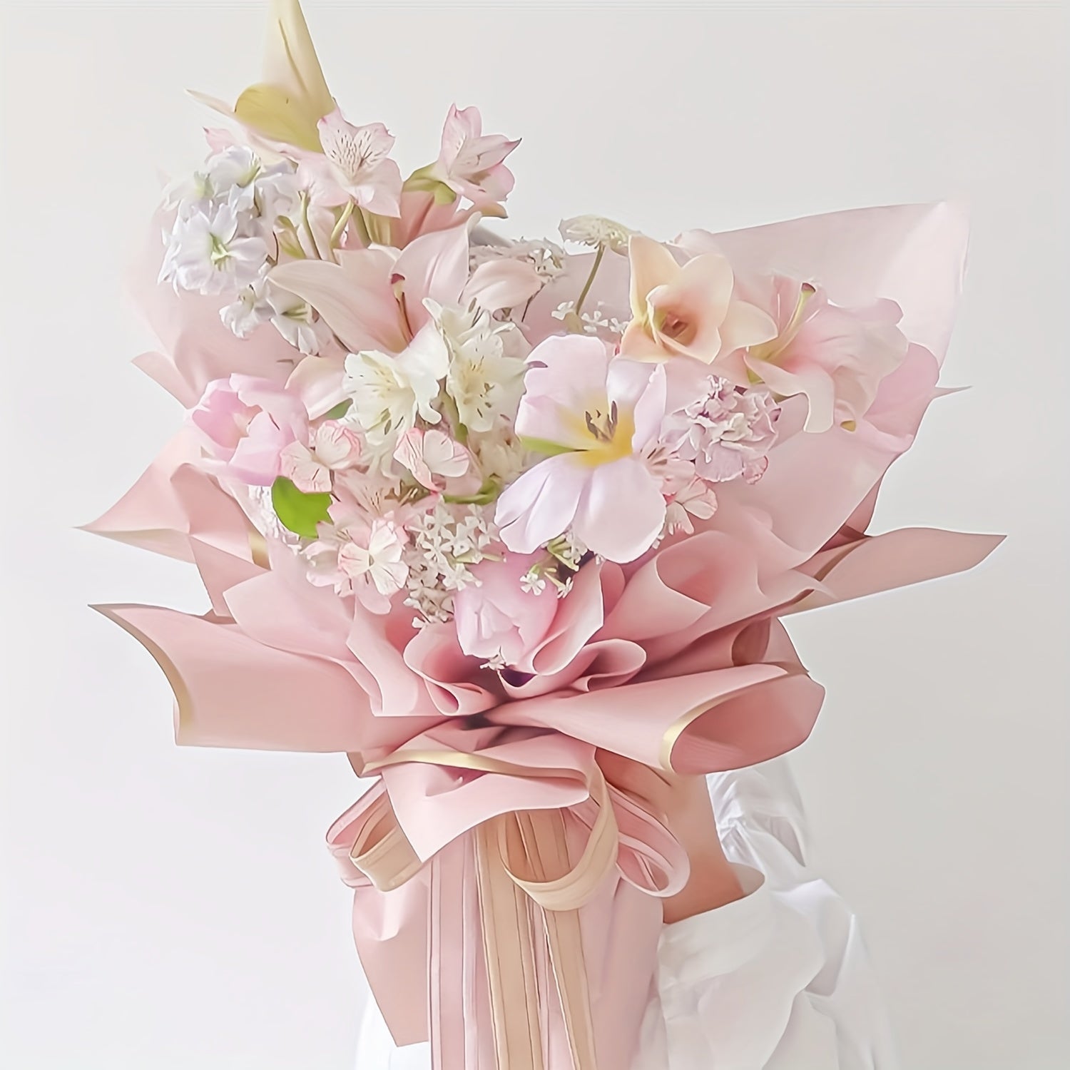20 Sheets Pink Waterproof Floral Wrapping Paper Golden Edge Bouquet Gift Packagi