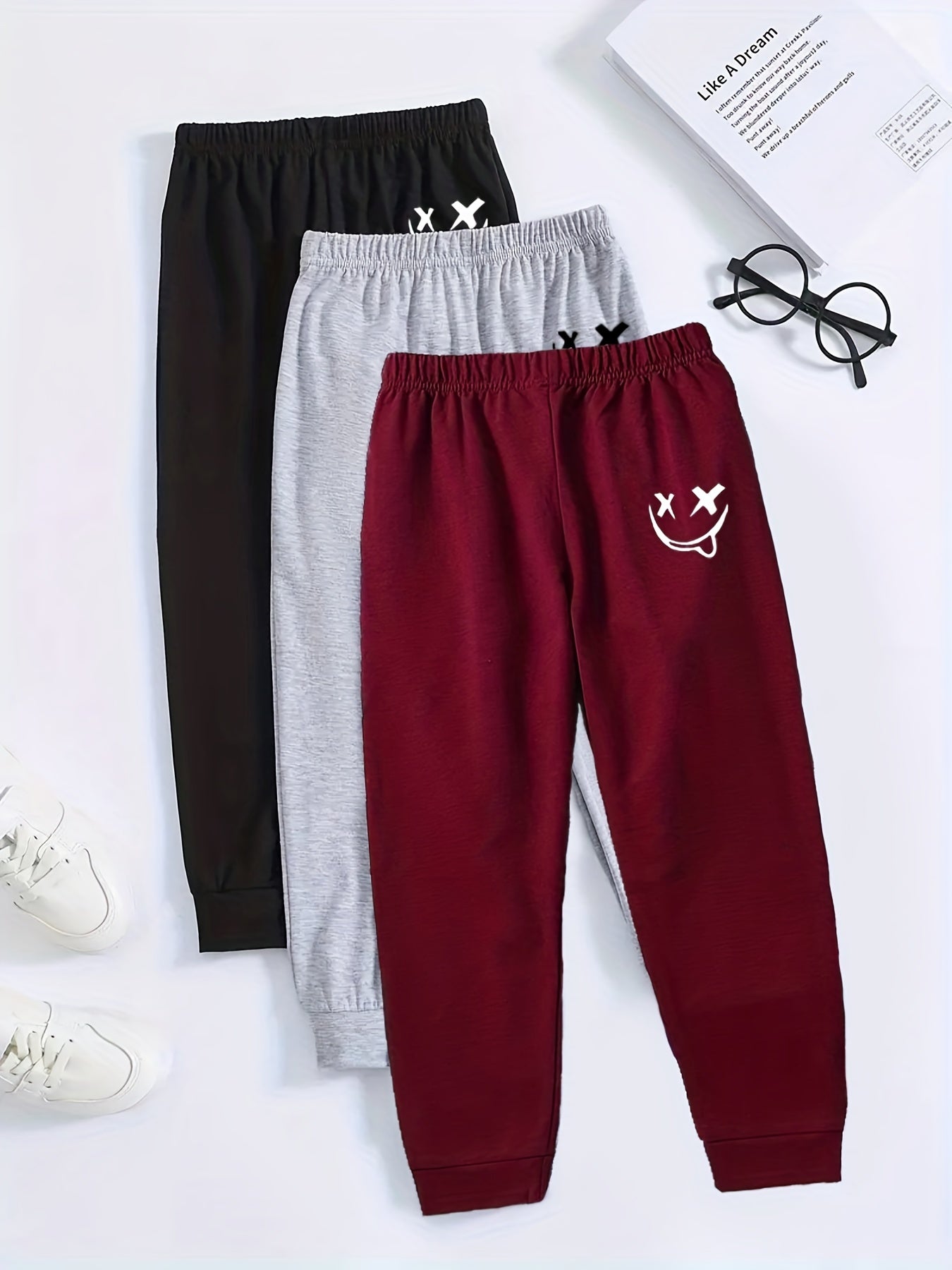 3pcs Boys Active Sweatpants Smiling Print Kids Clothing
