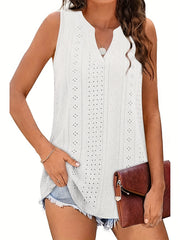  Eyelet Embroidered Tank Top Notched Neck Medium