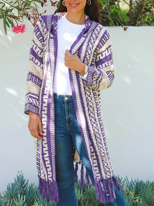  Geometric Print Tassel Trim Hooded Cardigan