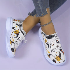Halloween Pumpkin Print Mesh Running Shoes