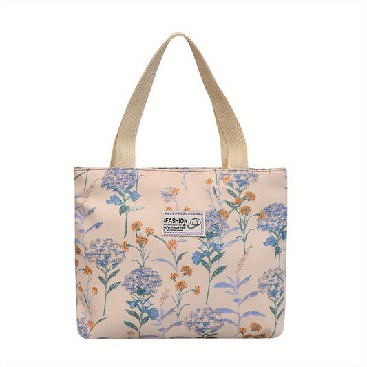 Floral Print Tote Bag Nylon Shoulder Handbag for Commuting & Traveling